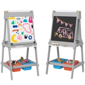 Qaba Art Easel, Easel for Kids with Paper Roll, Double Sided Whiteboard & Chalkboard for Toddlers Aged 3-8 Years Old, with Painting Paper Stand, 2 Sto