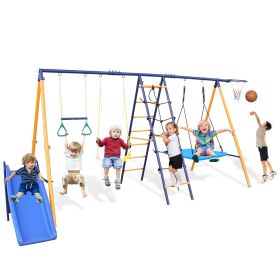 500 lbs 7 in 1 Swing Set for Kids Backyard Outdoor A-Frame Heavy-Duty Metal Swing Sets with Slide, 2 Swing Seats, 1 Climbing Net & Ladder, 1 Gym Ring,