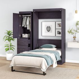 Twin Size Murphy Bed with Wardrobe and Drawers; Storage Bed; can be Folded into a Cabinet; Gray