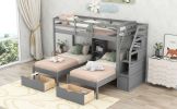 Twin over Twin&Twin Bunk Bed; Triple Bunk Bed with Drawers; Staircase with Storage; Built-in Shelves