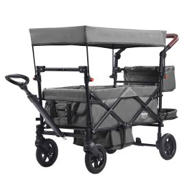 VEVOR Wagon Stroller for 2 Kids, Push Pull Quad Collapsible Stroller with Adjustable Handle, Encircling Harness Removable Canopy, 4 Wheels w/ Brakes,