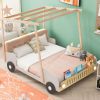 Wood Full Size Car Bed with Pillow, Ceiling Cloth and LED, Natural