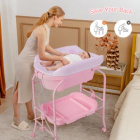 Portable Baby Changing Table with Storage Basket and Shelves (Color: Pink)