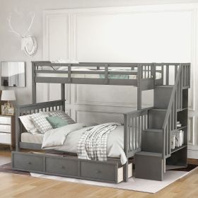 Stairway Twin-Over-Full Bunk Bed with Drawer; Storage and Guard Rail for Bedroom; Dorm; for Adults (Color: Gray)