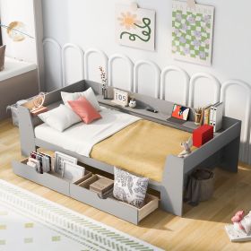 Twin Size Daybed with Shelves, Drawers and Built-In Charging Station (Color: Gray)