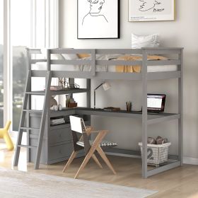 Twin Size Loft Bed with Desk and Shelves; Two Built-in Drawers (Color: Gray)
