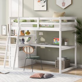 Twin Size Loft Bed with Desk and Shelves; Two Built-in Drawers (Color: White)