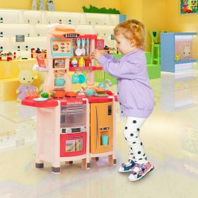 Large Pretend Play Kitchen Set Kids Cooking Playset with Realistic Lights; Vivid Sounds; Play Phone; Clock and 65 Pcs Accessories; 3 +; Blue XH (Color: Pink)