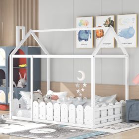 (Slats are not included) Twin Size Wood Bed House Bed Frame with Fence; for Kids; Teens; Girls; Boys (Color: White)
