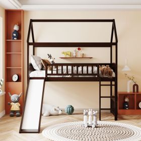 Twin Loft Bed with Slide; House Bed with Slide (Color: Espresso)