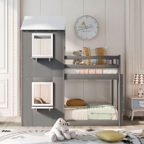 Twin Over Twin Bunk Bed Wood Bed with Roof; Window; Guardrail; Ladder (Color: Grey+White)