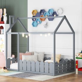 (Slats are not included) Twin Size Wood Bed House Bed Frame with Fence; for Kids; Teens; Girls; Boys (Color: Gray)