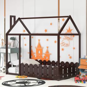 (Slats are not included) Twin Size Wood Bed House Bed Frame with Fence; for Kids; Teens; Girls; Boys (Color: Espresso)