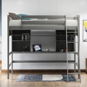 Twin size Loft Bed with Storage Shelves; Desk and Ladder (Color: Gray)