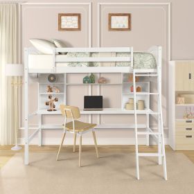 Twin size Loft Bed with Storage Shelves; Desk and Ladder (Color: White)
