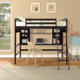 Twin size Loft Bed with Storage Shelves; Desk and Ladder (Color: Espresso)