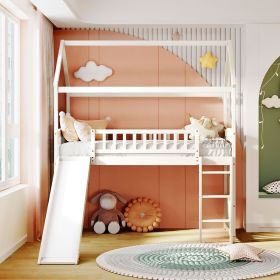 Twin Loft Bed with Slide; House Bed with Slide (Color: White)