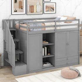 Functional Loft Bed with 3 Shelves; 2 Wardrobes and 2 Drawers; Ladder with Storage; No Box Spring Needed (Color: Gray)