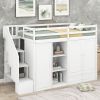 Functional Loft Bed with 3 Shelves; 2 Wardrobes and 2 Drawers; Ladder with Storage; No Box Spring Needed