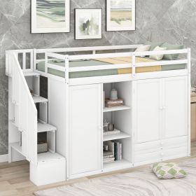 Functional Loft Bed with 3 Shelves; 2 Wardrobes and 2 Drawers; Ladder with Storage; No Box Spring Needed (Color: White)