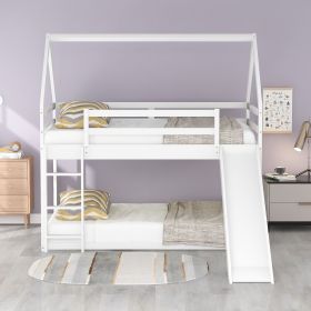 Twin Size Bunk House Bed with Slide and Ladder (Color: White)
