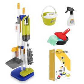 14Pcs Kids Cleaning Toy Set Toddler Housekeeping Pretend Play Kit with Vacuum Cleaner Broom Mop Organization Stand for Boys Girls Aged 3 4 5 (Color: Blue)