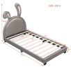 Twin Size Upholstered Leather Platform Bed with Rabbit Ornament