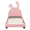 Twin Size Upholstered Leather Platform Bed with Rabbit Ornament