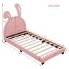 Twin Size Upholstered Leather Platform Bed with Rabbit Ornament