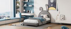 Twin Size Upholstered Leather Platform Bed with Rabbit Ornament
