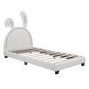 Twin Size Upholstered Leather Platform Bed with Rabbit Ornament