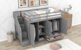 Functional Loft Bed with 3 Shelves; 2 Wardrobes and 2 Drawers; Ladder with Storage; No Box Spring Needed